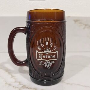 Vintage Corona Beer Amber Glass Barrel Bar Mug Stein Double Sided Logo